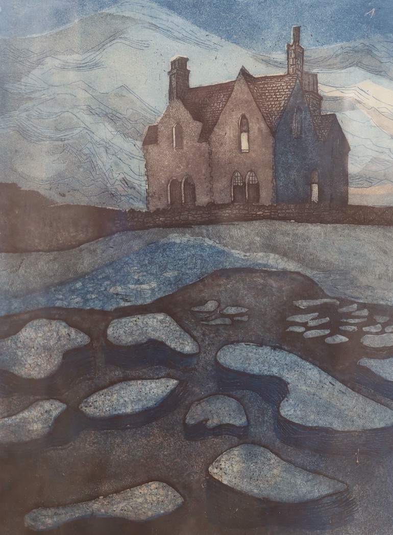Monica Fenton, etching with aquatint, House beside the sea, 42 x 30cm, and a Richard Wade, print, Sheep by moonlight, 9 x 28cm